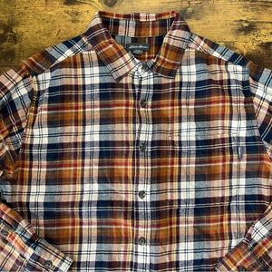 Eddie Bauer Flannel Shirt Mens Large Navy Red Mustard‎ White Plaid Long Sleeve